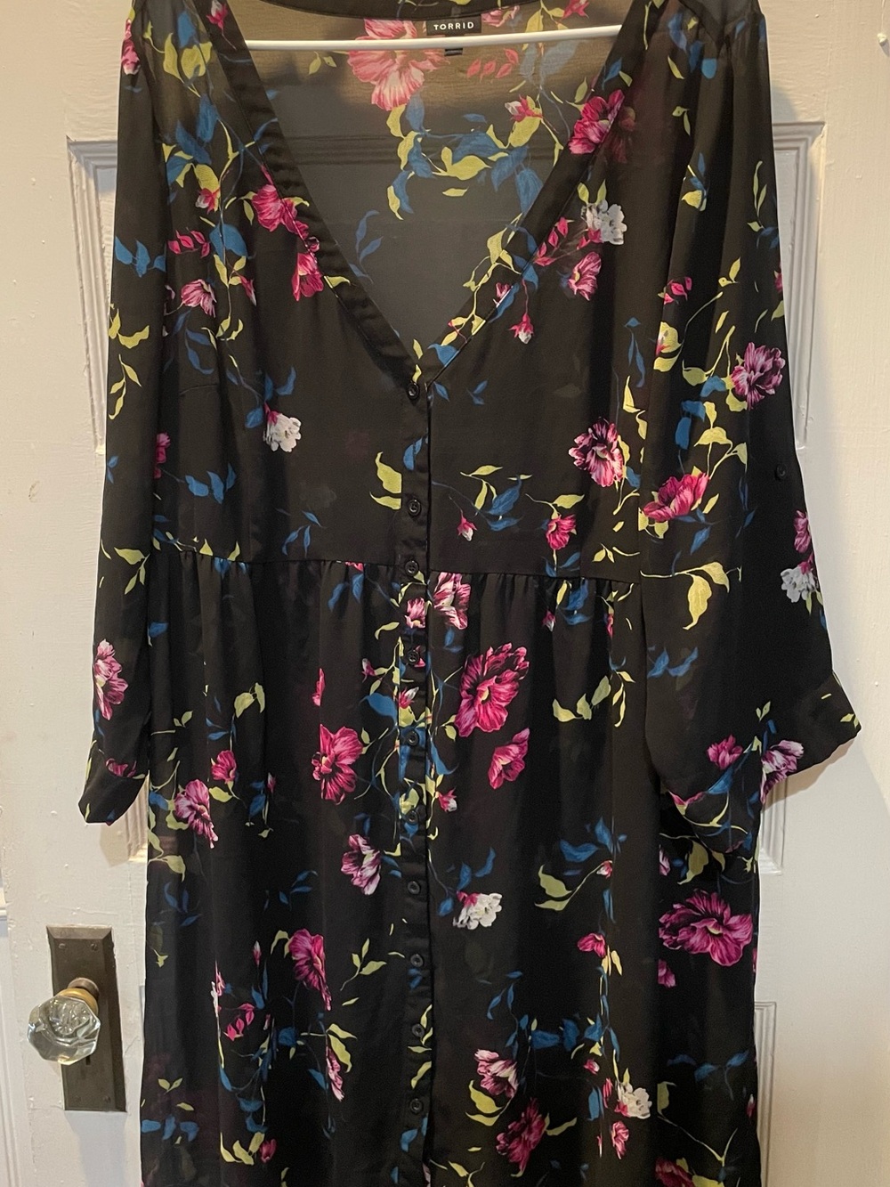 Torrid Black Floral Button-Front Midi Dress with Pink & Blue Blooms, Size 2, 2X